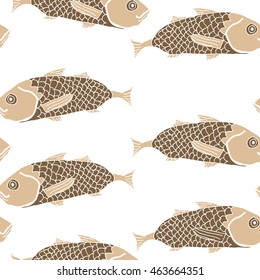 Decorative  sea  pattern, stripes,  hole, spots,waves,scale fishes, doodles,  seamless, copy space . Hand drawn.