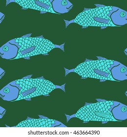 Decorative  sea  pattern, stripes,  hole, spots,waves,scale fishes, doodles,  seamless, copy space . Hand drawn.