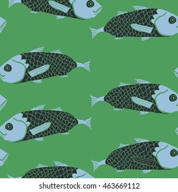 Decorative  sea  pattern, stripes,  hole, spots,waves,scale fishes, doodles,  seamless, copy space . Hand drawn.