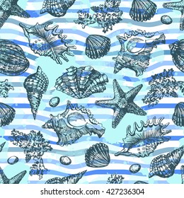 Decorative sea seamless. Hand drawing. Watercolor spots. Seamless for fabric design, gift wrapping paper and printing and web projects.