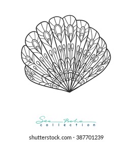Concha marina decorativa. Dibujo de esquema. Libro de Colores para niños mayores y adultos. Página colorear. Ilustración vectorial.
