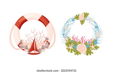 Decorative Sea Wreath Arranged of Shells and Conch from Ocean Bottom Vector Set