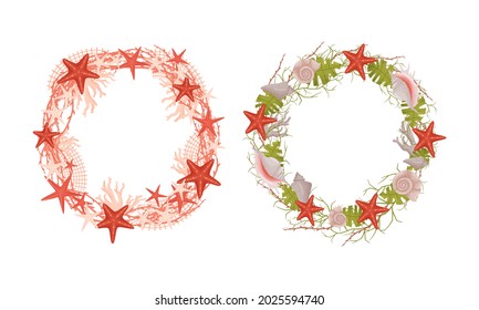 Decorative Sea Wreath Arranged of Shells and Conch from Ocean Bottom Vector Set