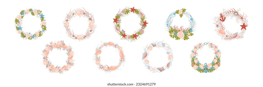 Decorative Sea Wreath Arranged of Shells and Conch from Ocean Bottom Vector Set