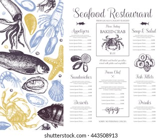 Decorative Seafood background. Vector restaurant or cafe menu design. Hand drawn fish illustration. Vintage template