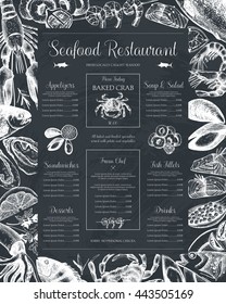 Decorative Seafood restaurant menu or flyer design. Vector menu template on chalkboard. Hand drawn fish illustration. 