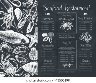 Decorative Seafood Restaurant Menu Or Flyer Design. Vector Menu Template On Chalkboard. Hand Drawn Fish Illustration. 