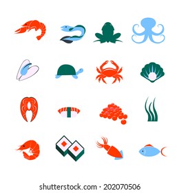 Decorative seafood squid lobster fish sushi pictograms and sea mollusks icons set flat abstract isolated vector illustration