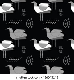 Decorative seagulls on black background. Stylized waterbirds. Background for your creative designs. 