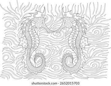 Decorative Seahorse Pair Line Art Illustration for Coloring Books, showcasing Detailed Patterns and Ocean Waves, Perfect for Mindfulness