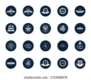decorative seals and United Stated independence day icon set over white background, block silhouette design, vector illustration