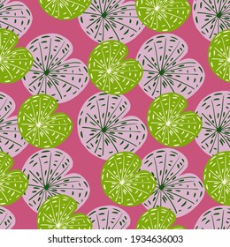 Decorative seamles pattern with doodle simple green and lilac lily water silhouettes. Pink background. Designed for fabric design, textile print, wrapping, cover. Vector illustration