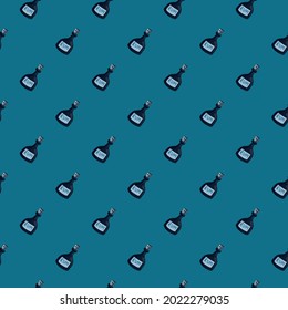 Decorative seamless alcohol pattern with rum bottles shapes. Blue background. Bar menu print. Designed for fabric design, textile print, wrapping, cover. Vector illustration.