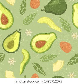Decorative seamless avocado pattern. Slices and flowers, retro textile