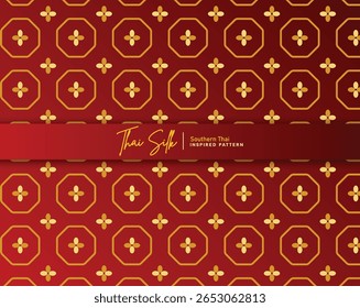 Fundo decorativo sem emenda. Inspirado por "Rajwat Dok Yai", um padrão de seda do sul da Tailândia. Colorido em Vermelho e Ouro.