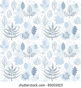 Decorative seamless background texture with leaves in blue and white