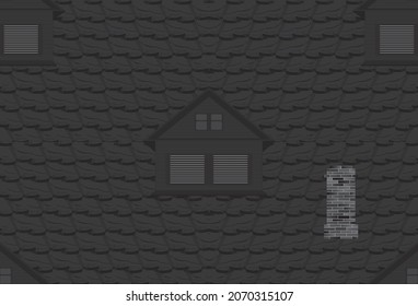 Decorative seamless background. Tiled roof with skylight and chimney. Vector illustration