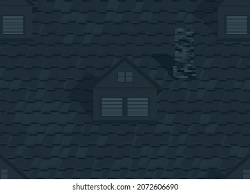 Decorative Seamless Background. Tiled Roof With Skylight And Chimney In The Moonlight. Vector Illustration