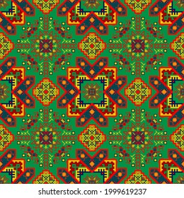 Decorative seamless backgrounds, tribal texture. Simmetric fabric print of 5 colors. Vector elaborated illustration in the style of folk embroidery.