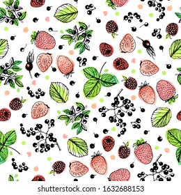 Decorative seamless bakground Fruit tea. Flowers, buds, fruits, leaves, branches. Vector illustration. Manual graphics. Suitable for decorating various surfaces.