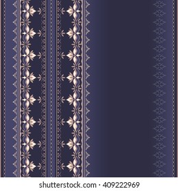 Decorative seamless beige border on a dove background.  Element for design and place for your text. Ornamental backdrop. Ornate floral decor for wallpaper. Traditional decor on a dove background.