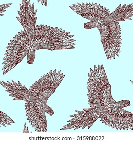 Decorative seamless birds pattern with hand drawn ornamental parrot illustrations