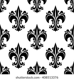 Decorative seamless black fleur-de-lis pattern of florid french heraldic lilies, adorned by buds and curlicues on white background. Use as vintage interior, wallpaper or royal theme design