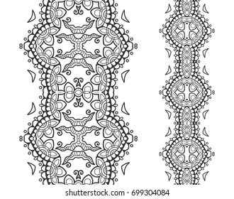 Decorative seamless black lace borders, fashion collection. Tribal ethnic arabic, indian, turkish frame ornament. Isolated line design elements for invitation cards, fabric or paper print.