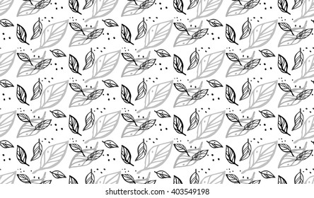 Decorative seamless black and white pattern with leaves. Endless stylish texture. Template for design textile, backgrounds, wrappers, package