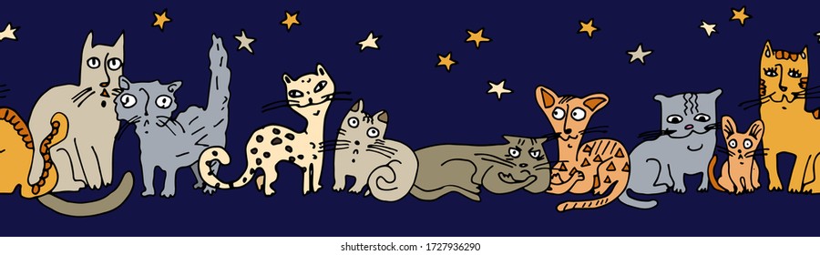 Decorative seamless border with cats. Night, starry sky. Cartoon style. Stock illustration.