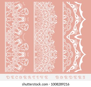 Decorative seamless border. Doodle frame design element for brush palette. Hand drawn linear pattern. Tribal ethnic ornament, line art, vintage motif set. Fashion lace collection