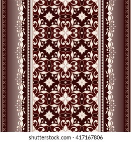 Decorative seamless border on brown background.  Element for design. Ornamental backdrop. Pattern fill. Ornate floral decor for wallpaper. Traditional golden decor.