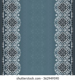 Decorative seamless border on gray. Ornate element for design. Ornamental lace pattern for invitations and greeting cards. Traditional white floral decor.