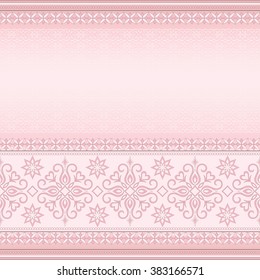 Decorative seamless border on light pink. Element for design. Ornamental backdrop. Pattern fill. Ornate floral decor for wallpaper. Traditional decor on Pink background.