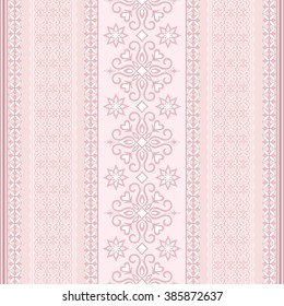 Decorative seamless border on light pink background.  Element for design. Ornamental backdrop. Pattern fill. Ornate floral decor for wallpaper. Traditional decor on light pink background.