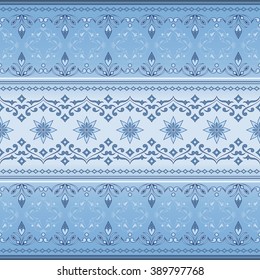 Decorative seamless border on light blue.  Element for design. Ornamental backdrop. Pattern fill. Ornate floral decor for wallpaper. Traditional decor on light blue background.