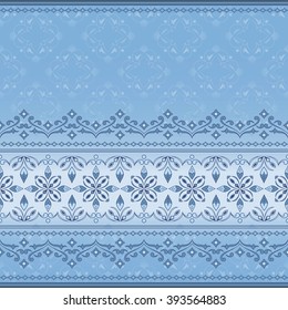 Decorative seamless border on light blue background. Element for design. Ornamental backdrop. Pattern fill. Ornate floral decor for wallpaper. Traditional decor on light blue background.