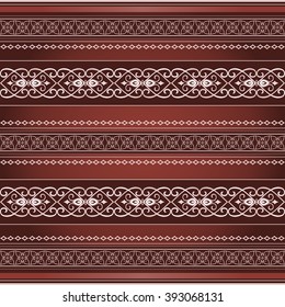 Decorative seamless border on a red brown background. Ornate element for design. Ornamental lace pattern for invitations and greeting cards. Traditional floral decor.