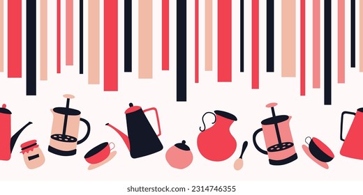 Decorative seamless border of tea and coffee utensils and colorful lines on a light background. Cartoon vector illustration.