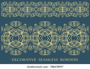 Decorative seamless borders, doodle golden pattern. Tribal ethnic arabic, indian, turkish ornament, isolated frame element for invitation card, book cover, fabric, paper print. Fashion lace collection
