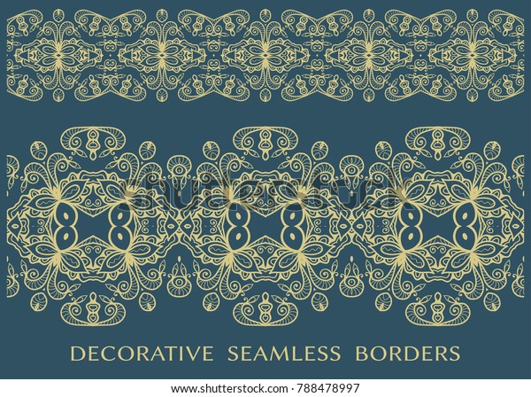 Decorative seamless borders, doodle golden\
pattern. Tribal ethnic arabic, indian, turkish ornament, isolated\
frame element for invitation card, book cover, fabric, paper print.\
Fashion lace\
collection