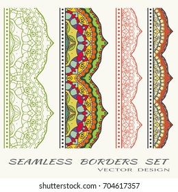 Decorative seamless borders, hand drawn frame elements set. Tribal ethnic arabic, indian, turkish ornaments. Doodle border decor for banners, flyers, invitation cards design, fashion lace collection