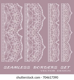 Decorative seamless borders, hand drawn frame elements set. Tribal ethnic arabic, indian, turkish ornaments. Doodle border decor for banners, flyers, invitation cards design, fashion lace collection