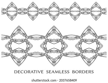 Dekorative nahtlose Ränder Set, schwarze Doodle-Rahmen-Elemente. Ethnische Ziergegenstände aus Stämmen für Stoffgewebe oder Papierdruck. Vektormode-Kollektion 