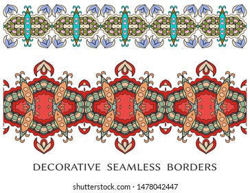 Decorative seamless borders set, colorful doodle frame elements. Tribal ethnic  ornament for textile  fabric or paper print. Vector fashion collection 