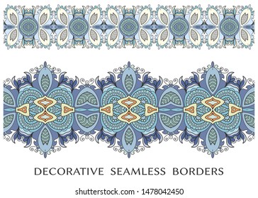 Decorative seamless borders set, colorful doodle frame elements. Tribal ethnic  ornament for textile  fabric or paper print. Vector fashion collection 