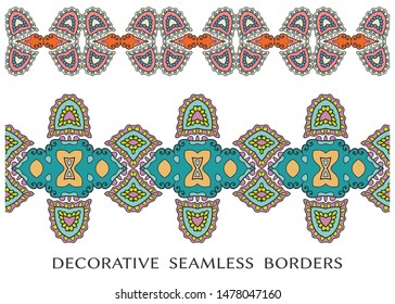 Decorative seamless borders set, colorful doodle frame elements. Tribal ethnic  ornament for textile  fabric or paper print. Vector fashion collection 