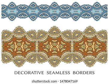Decorative seamless borders set, colorful doodle frame elements. Tribal ethnic  ornament for textile  fabric or paper print. Vector fashion collection 