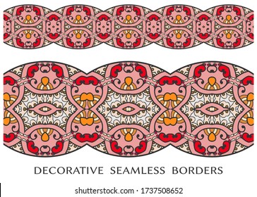 Decorative seamless borders set, colorful doodle frame elements. Tribal ethnic  ornament for textile  fabric or paper print. Vector fashion collection 