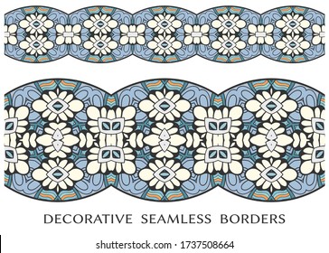 Decorative seamless borders set, colorful doodle frame elements. Tribal ethnic  ornament for textile  fabric or paper print. Vector fashion collection 